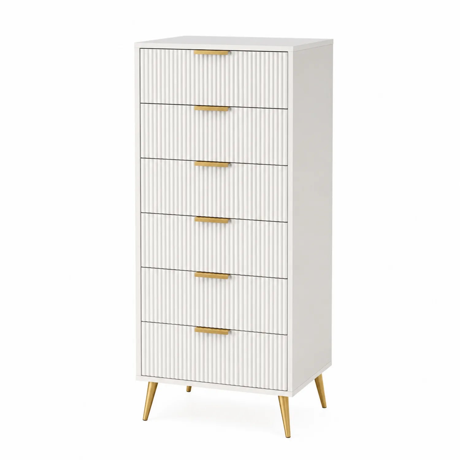 Commode haute 6 tiroirs en MDF blanc avec poignées et pieds en métal
