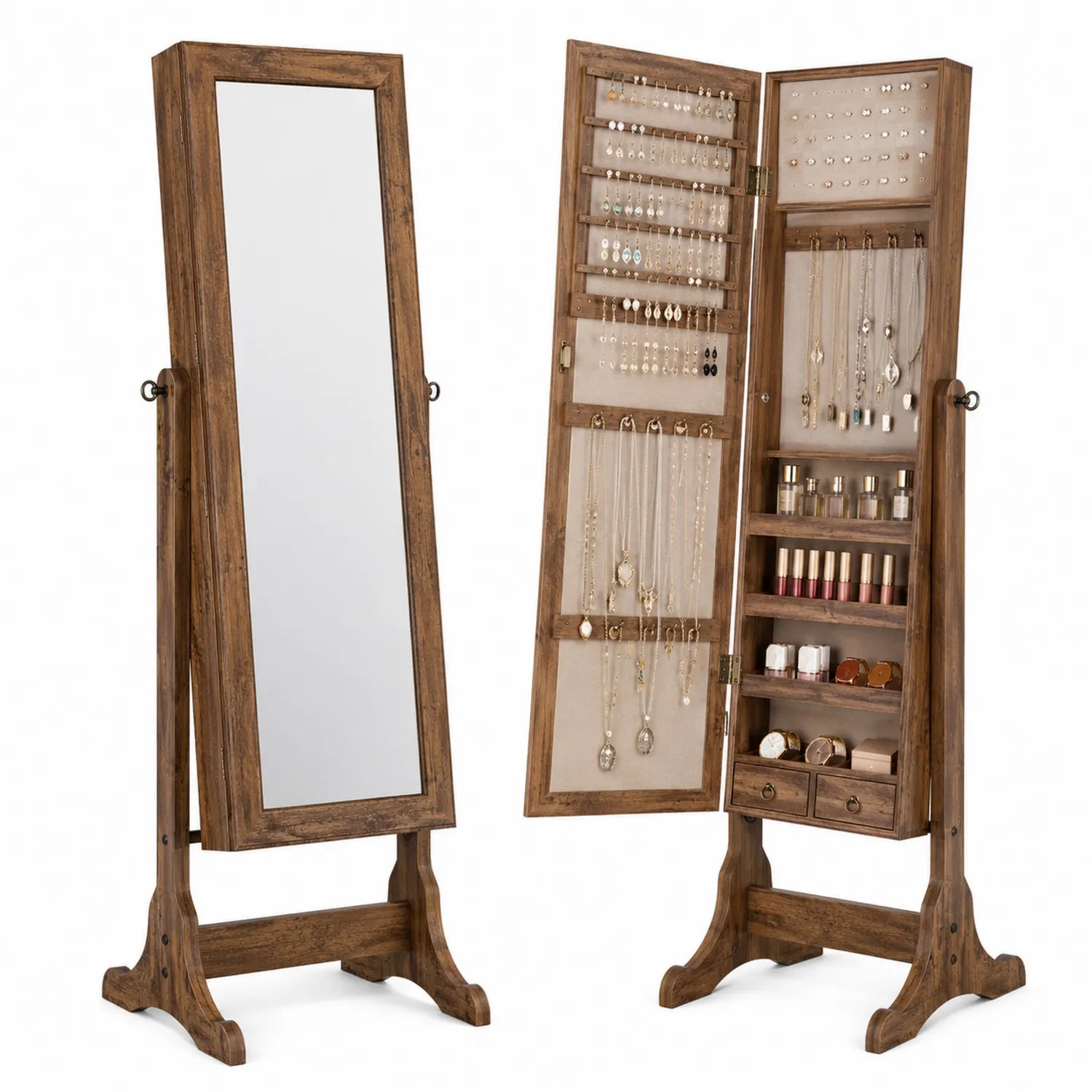 Armoire à bijoux avec miroir en bois massif brun