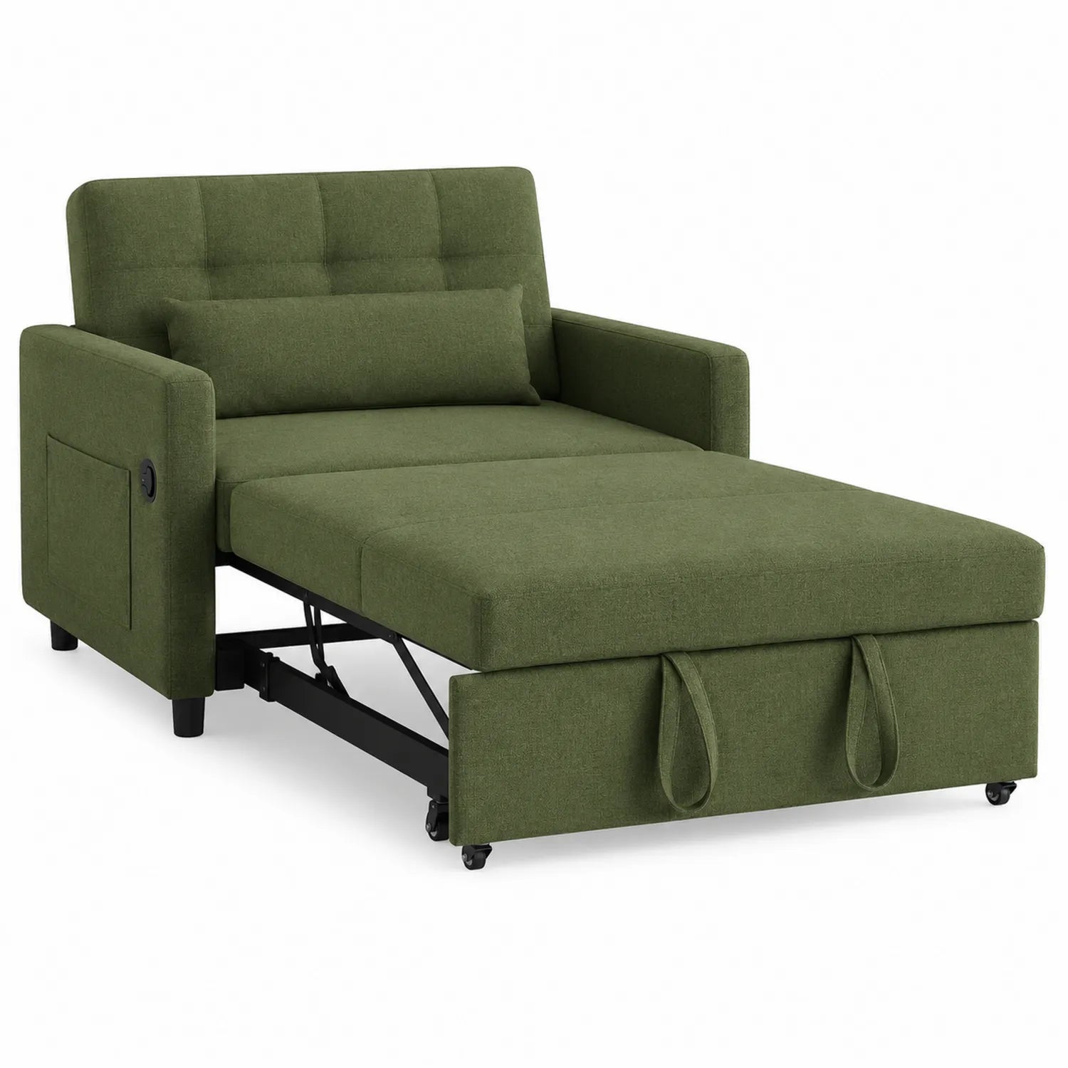 Canapé-lit convertible en tissu vert avec accoudoirs et rangement intégré