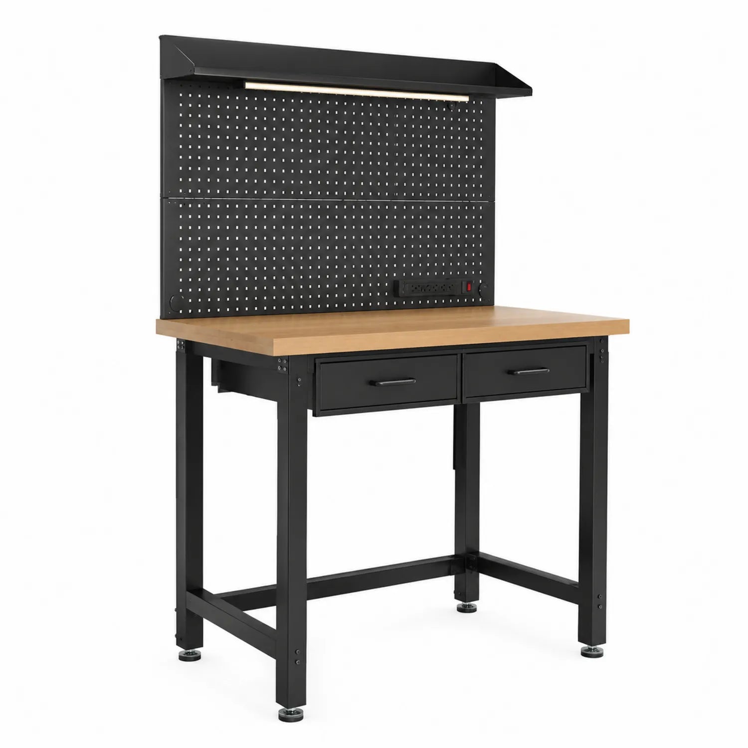 Établi en Métal avec Plateau en Bois et Panneau Perforé