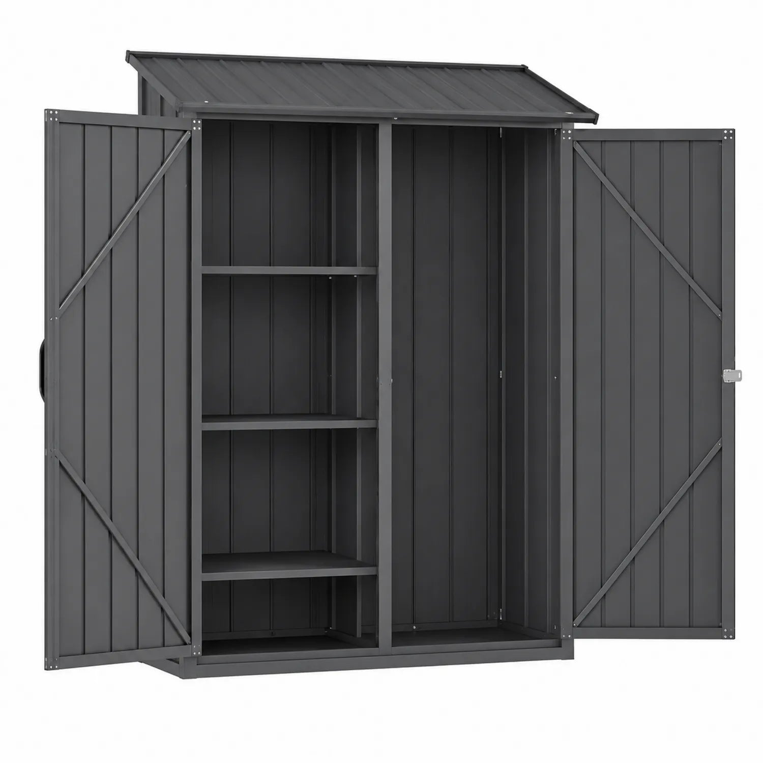 Armoire de rangement extérieure en métal gris avec portes doubles et étagères