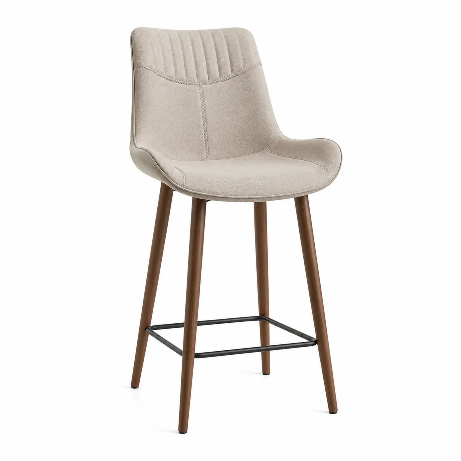 Tabouret de Bar en Tissu Beige avec Pieds en Bois et Métal Noir