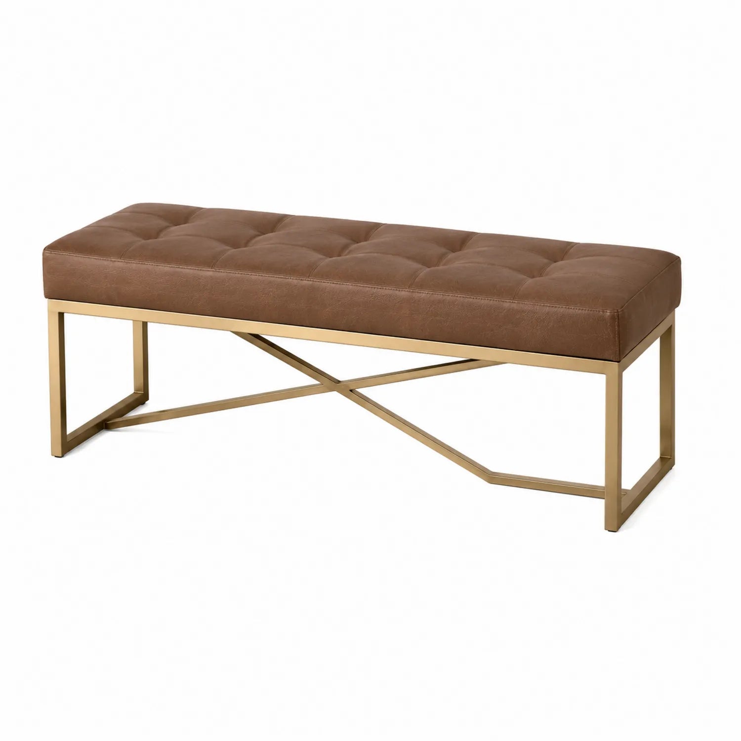 Banc rectangulaire en cuir brun avec structure en métal doré 120x40x45 cm