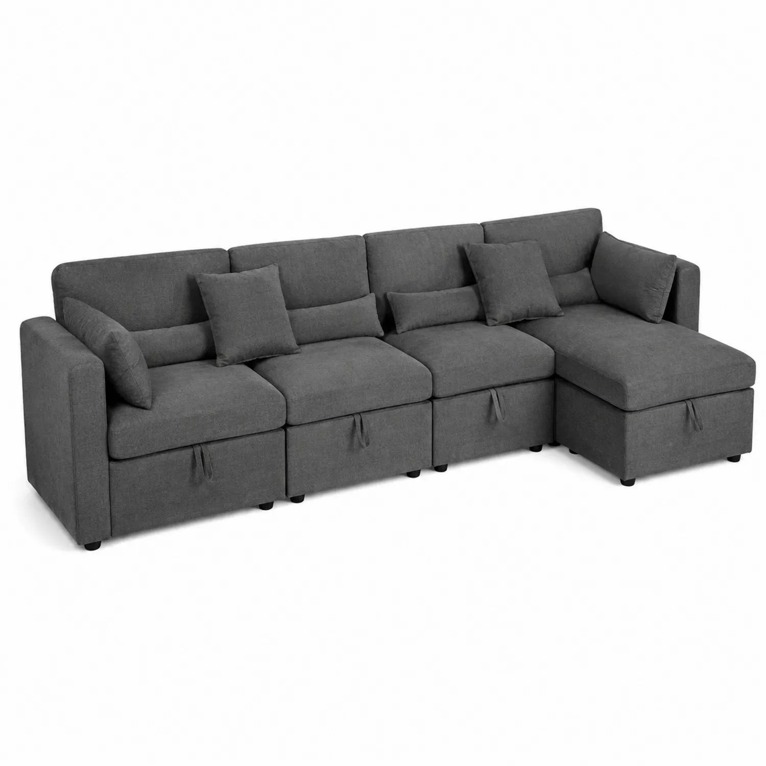 Canapé d'angle modulable en tissu gris avec coussins