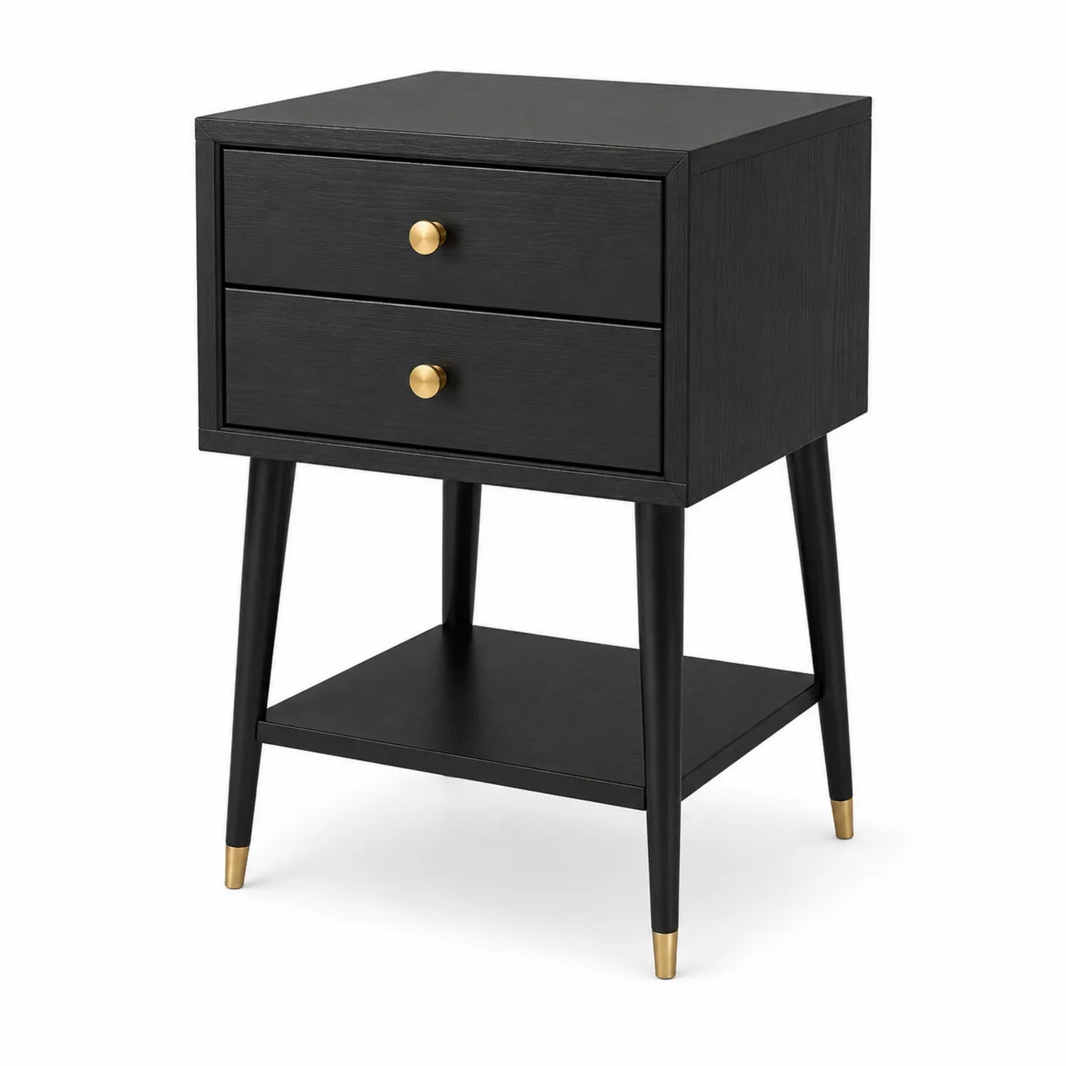 Table de chevet en bois noir avec tiroirs et embouts en acier doré