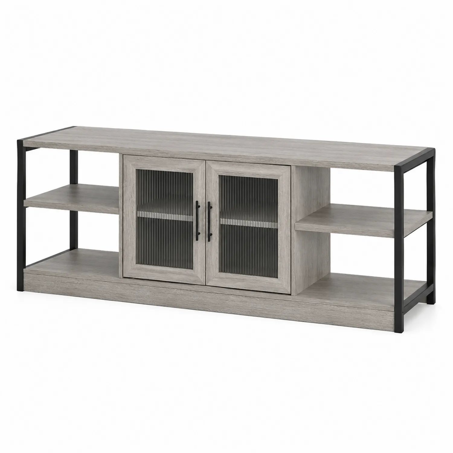 Meuble TV en bois MDF avec étagères métalliques et portes en verre