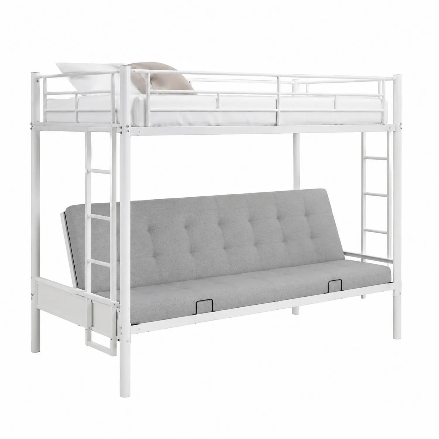 Lit superposé en métal blanc avec canapé gris