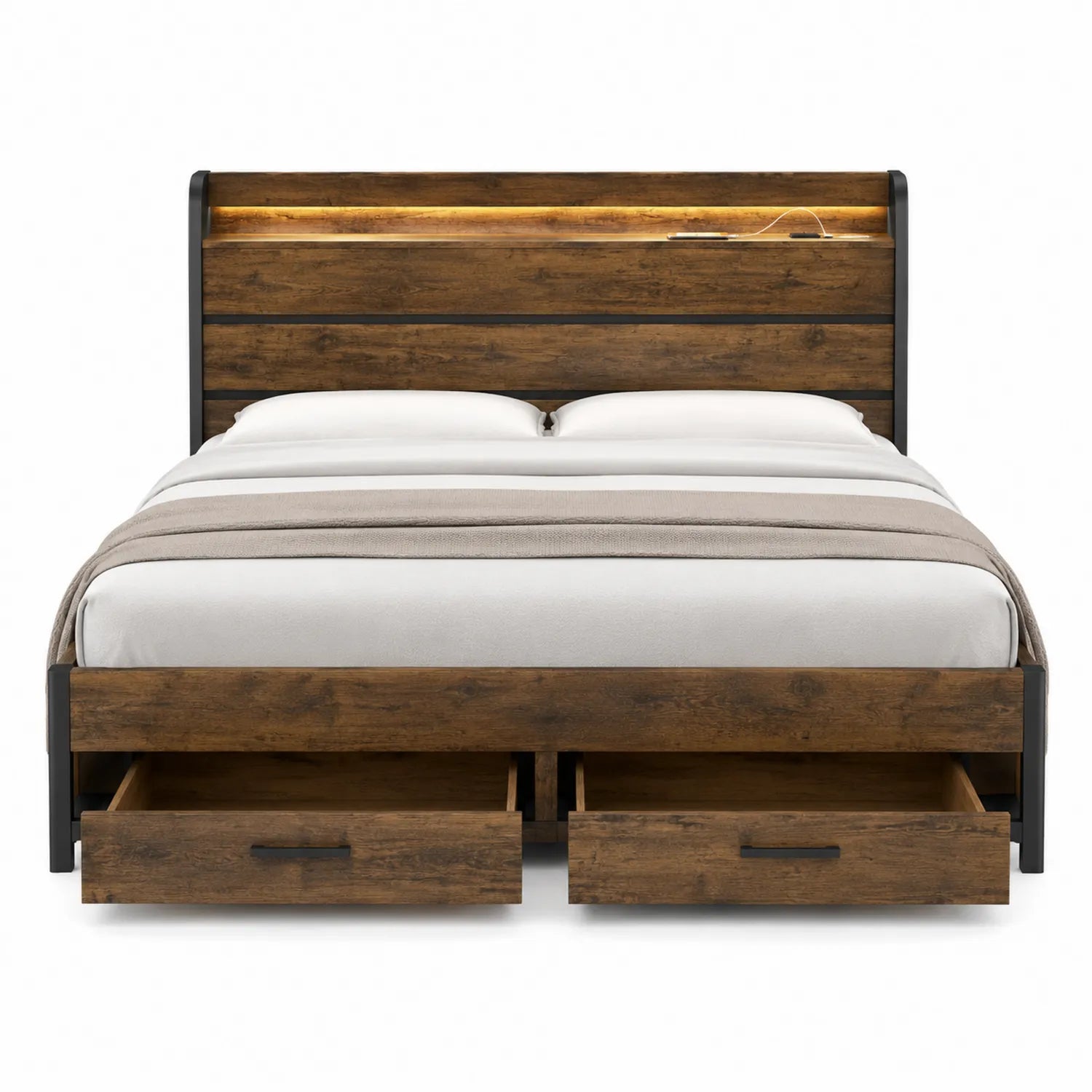 Lit double en bois avec tête de lit éclairée et tiroirs 140x200 cm Marron