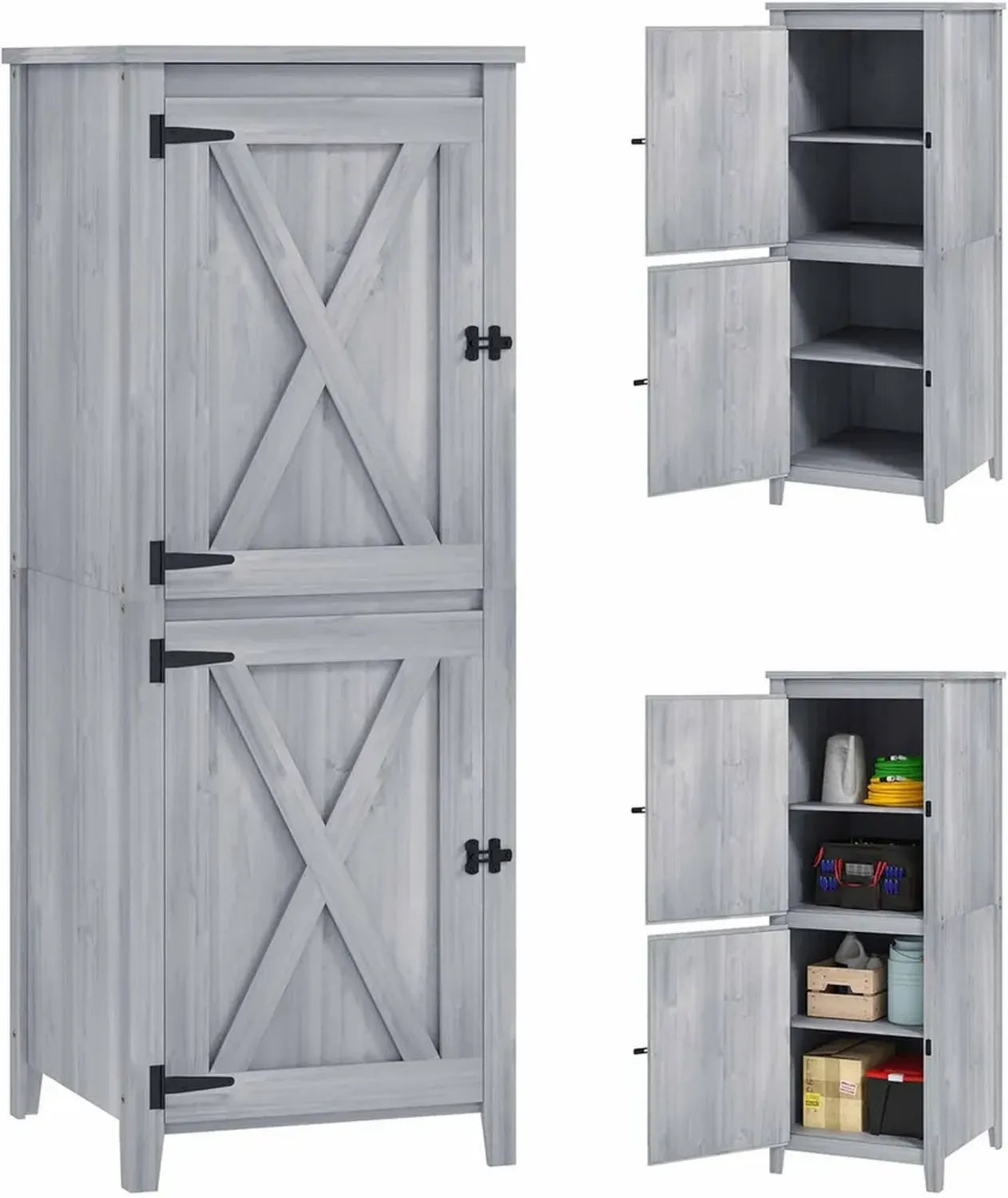 Abri de Jardin Outsunny en Bois Gris avec Étagères Amovibles et Portes Verrouillables 60x60x160 cm