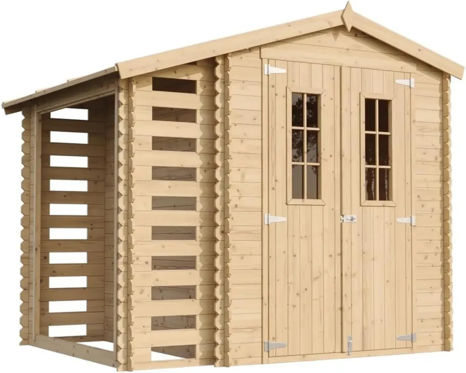 Cabane de Jardin en Bois avec Abri pour Bûches - Stockage Extérieur 206x272x218 cm, 3,53 + 0,97 m2, Abri à Outils et Vélos - Toit Imperméable, Fenêtres TIMBELA M386C