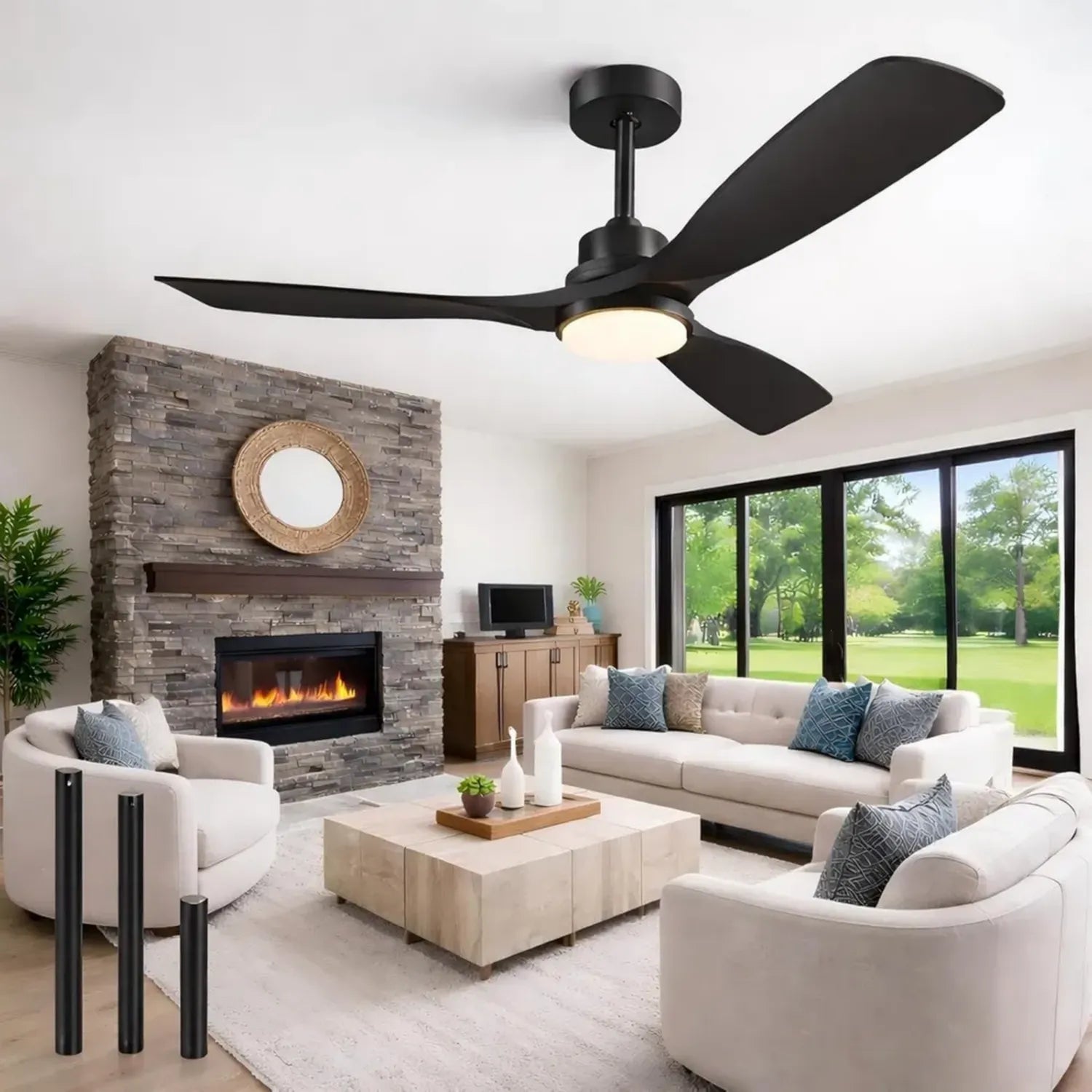 Ventilateur Plafond Moderne 132 cm avec Lumière et Télécommande, Moteur DC Silencieux, Noir 3 Pales, 6 Vitesses avec Minuterie, Utilisation Intérieure et Extérieure
