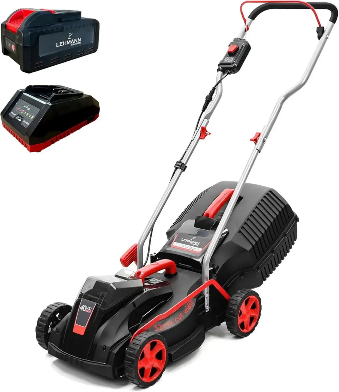 LEHMANN Tondeuse à Gazon sans Fil 40V, Coupe 32 cm, Bac 30 L, Hauteur Réglable 20-60 mm, Moteur Induction, 250 m², Batterie 4,0 Ah + Chargeur Inclus, Noir/Rouge
