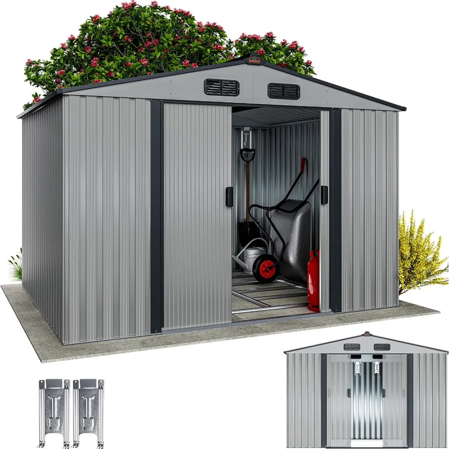 Abri de Jardin Métal XXL 5m² avec Fondation - 260x205x180cm - Porte Coulissante Gris Métallique