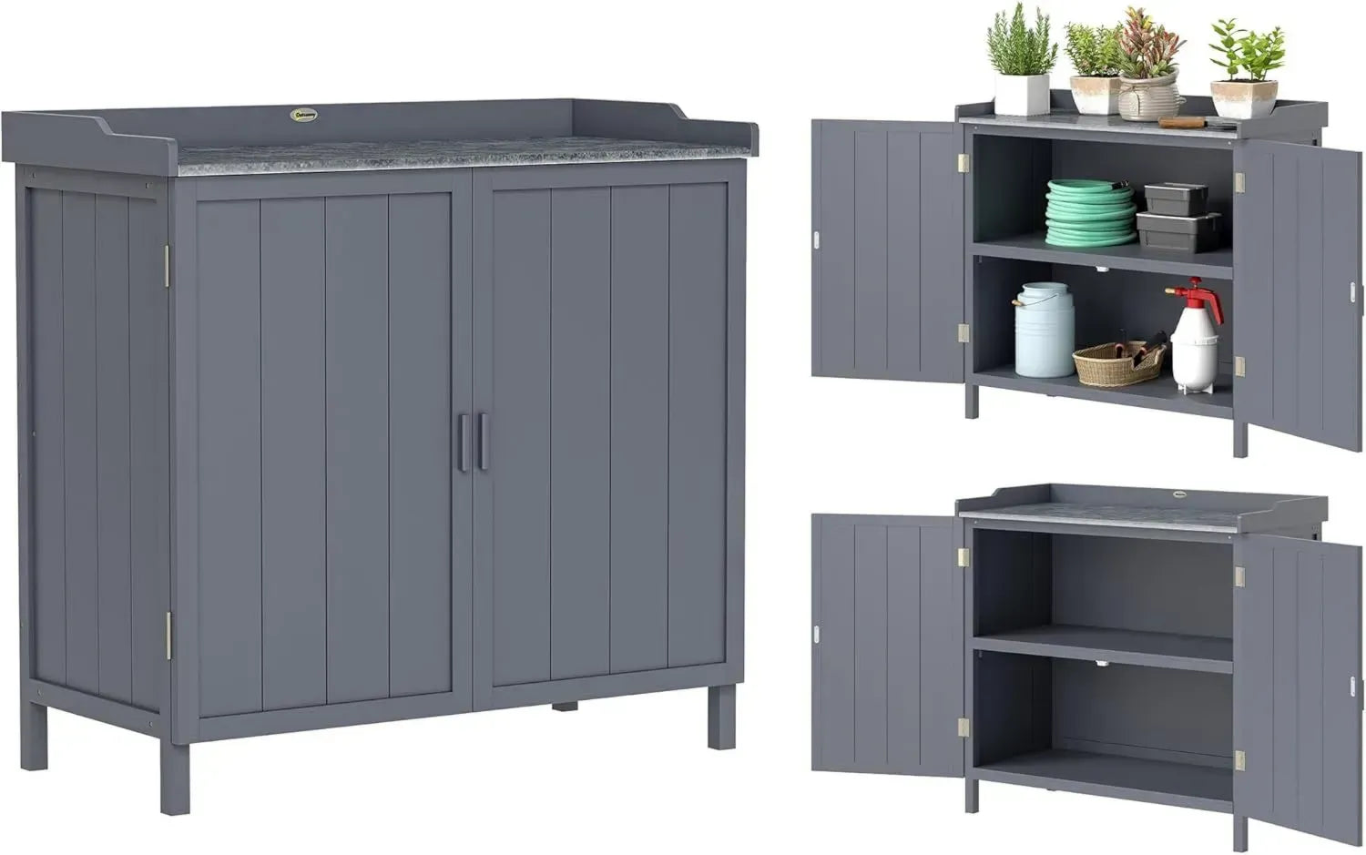 Outsunny Armoire de Jardin Multifonction 2 en 1 avec Étagères et Plateau Métallique - Double Porte, Gris