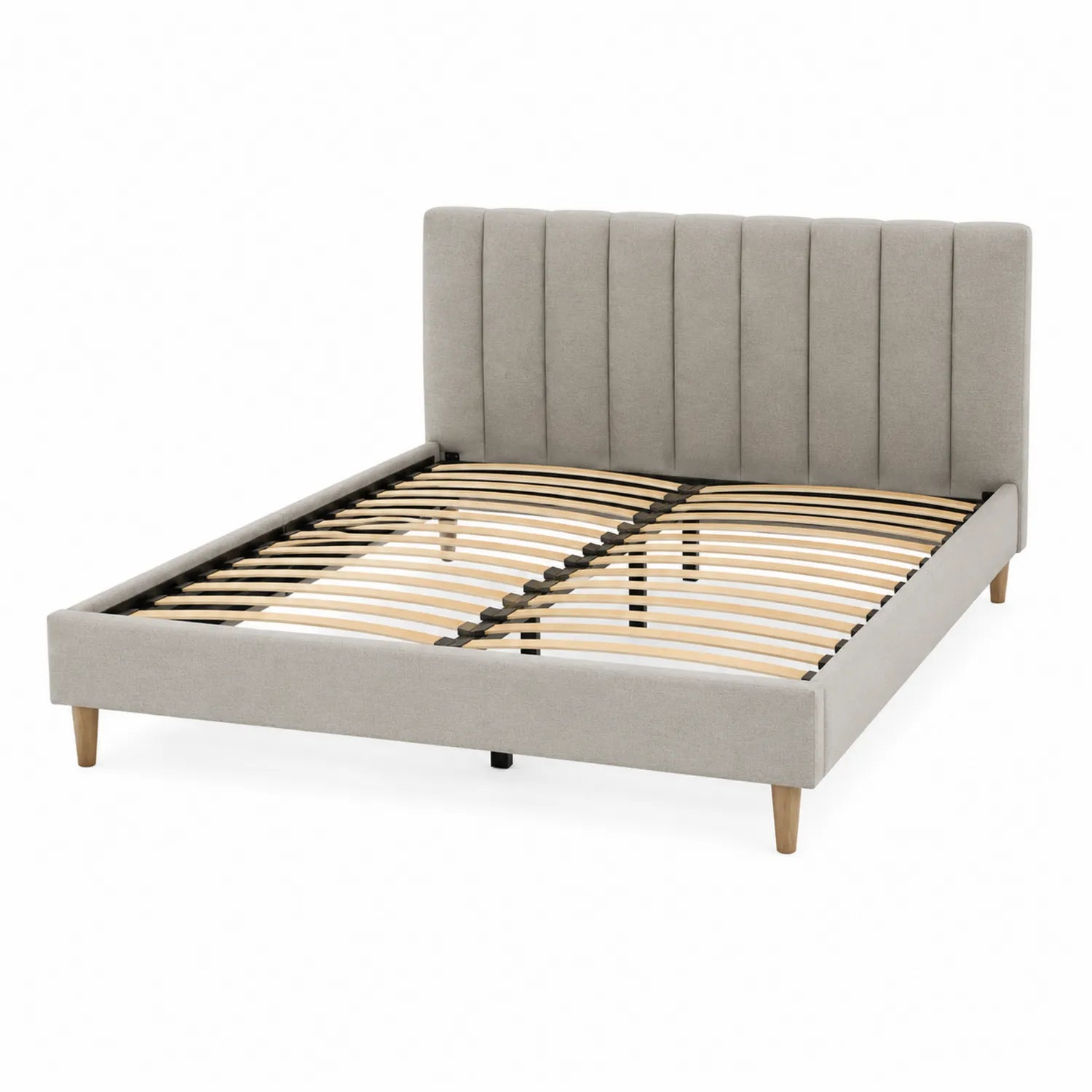 Lit double en bois avec tête de lit rembourrée en tissu gris 140x200 cm
