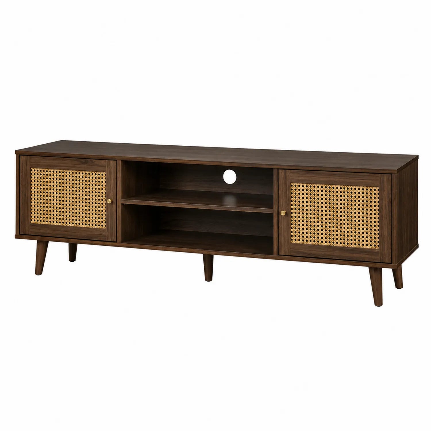 Meuble TV en bois avec portes en rotin