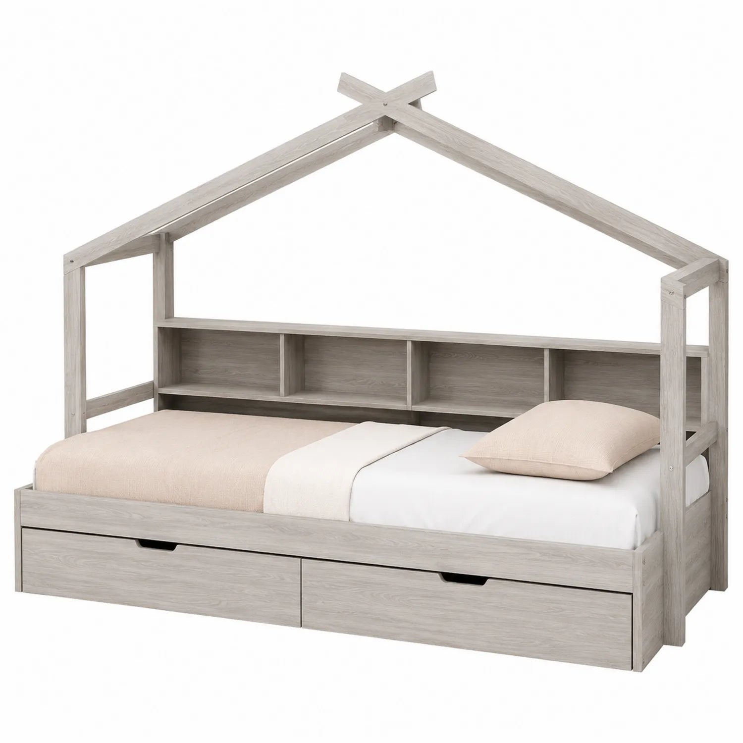 Lit cabane en bois de pin avec étagères et tiroirs 200x90 cm Gris