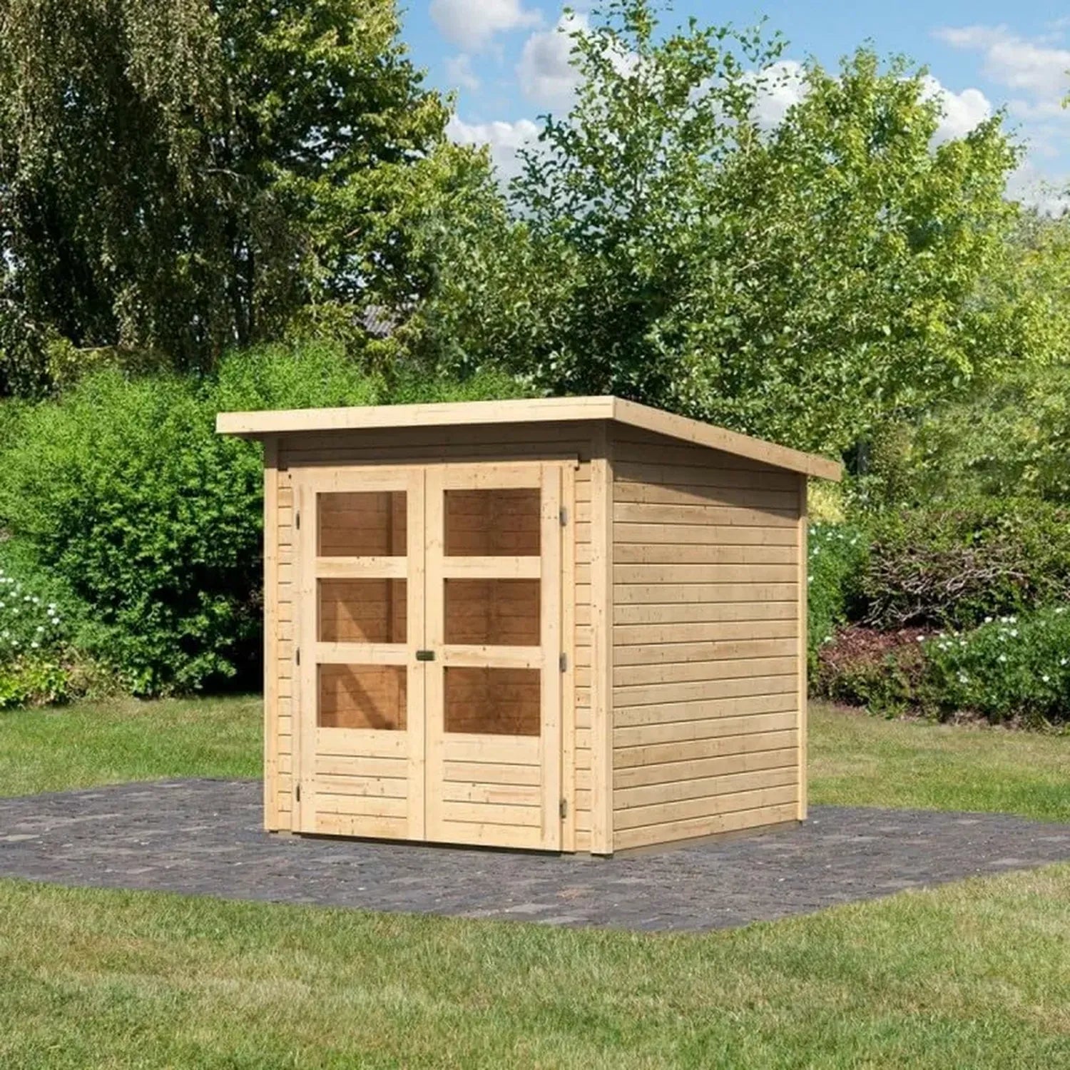 Abri de Jardin en Bois Massif 3,46m² avec Double Porte Vitrée et Toit Plat