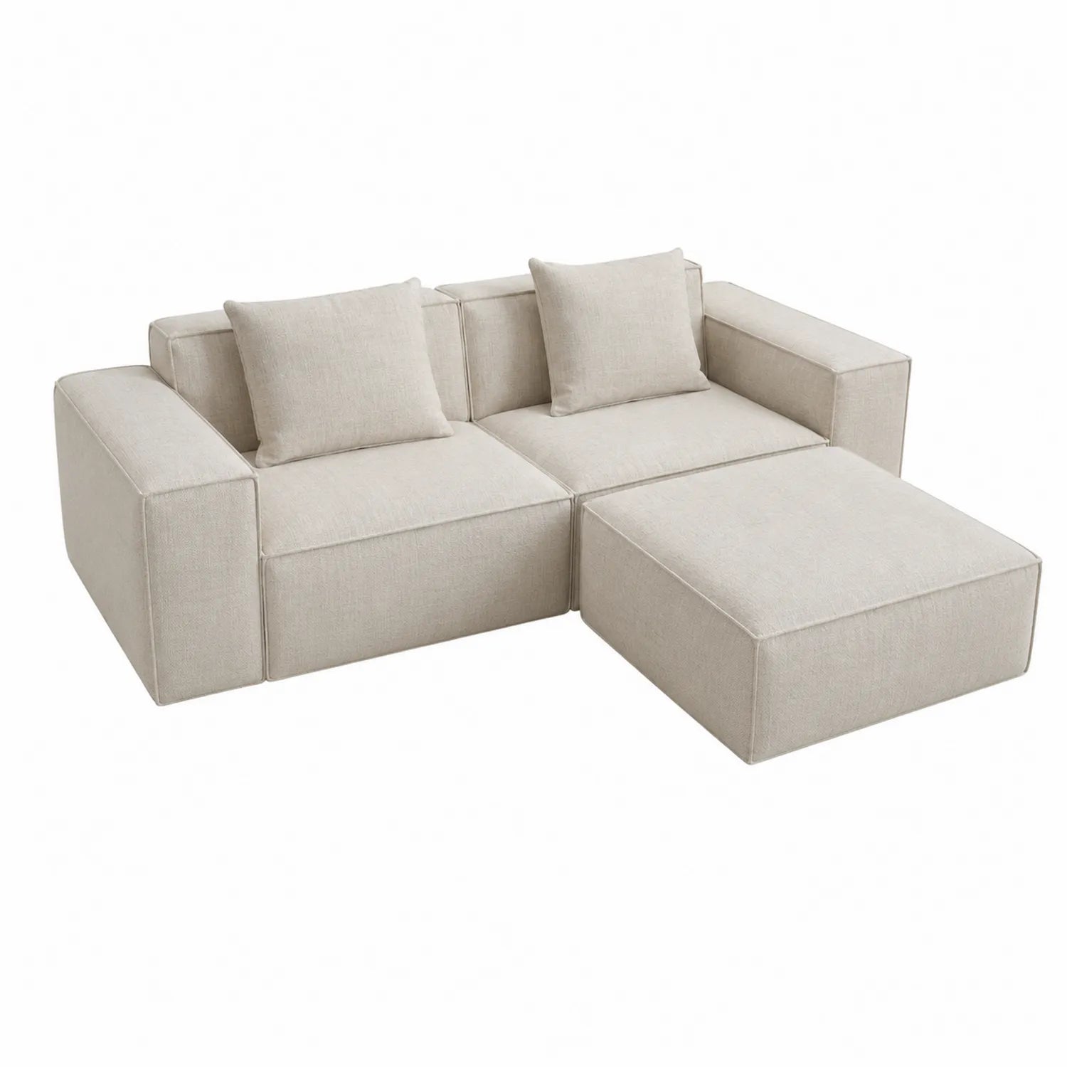 Canapé modulable en tissu lin beige avec ottoman et coussins