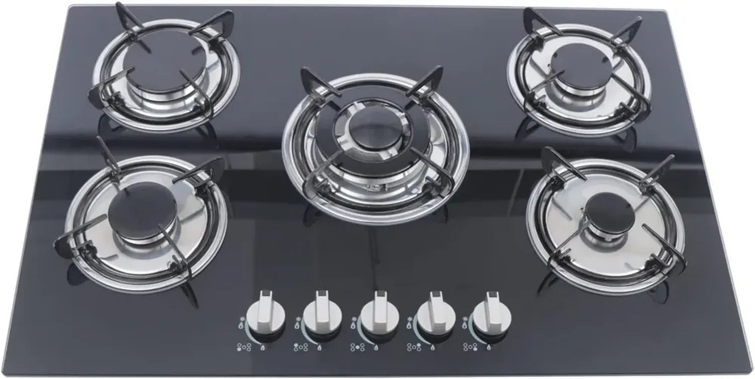 Table de cuisson gaz encastrable 5 feux en verre, gaz naturel/propane, allumage batterie, sécurité arrêt auto, 770 x 510 mm